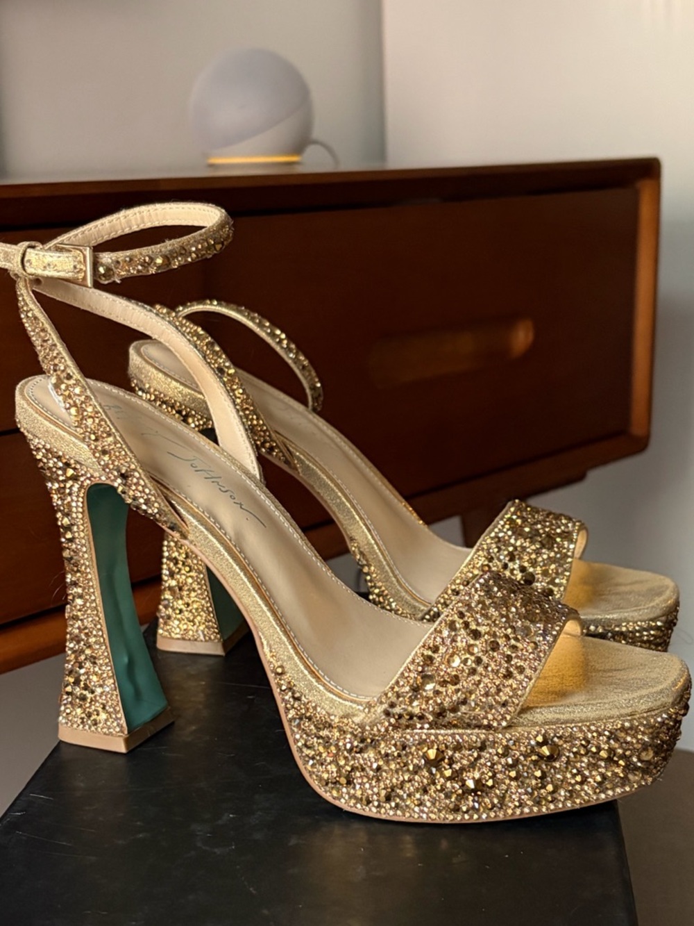 Betsey Johnson Gold Crystal Platform heels with Ankle Strap